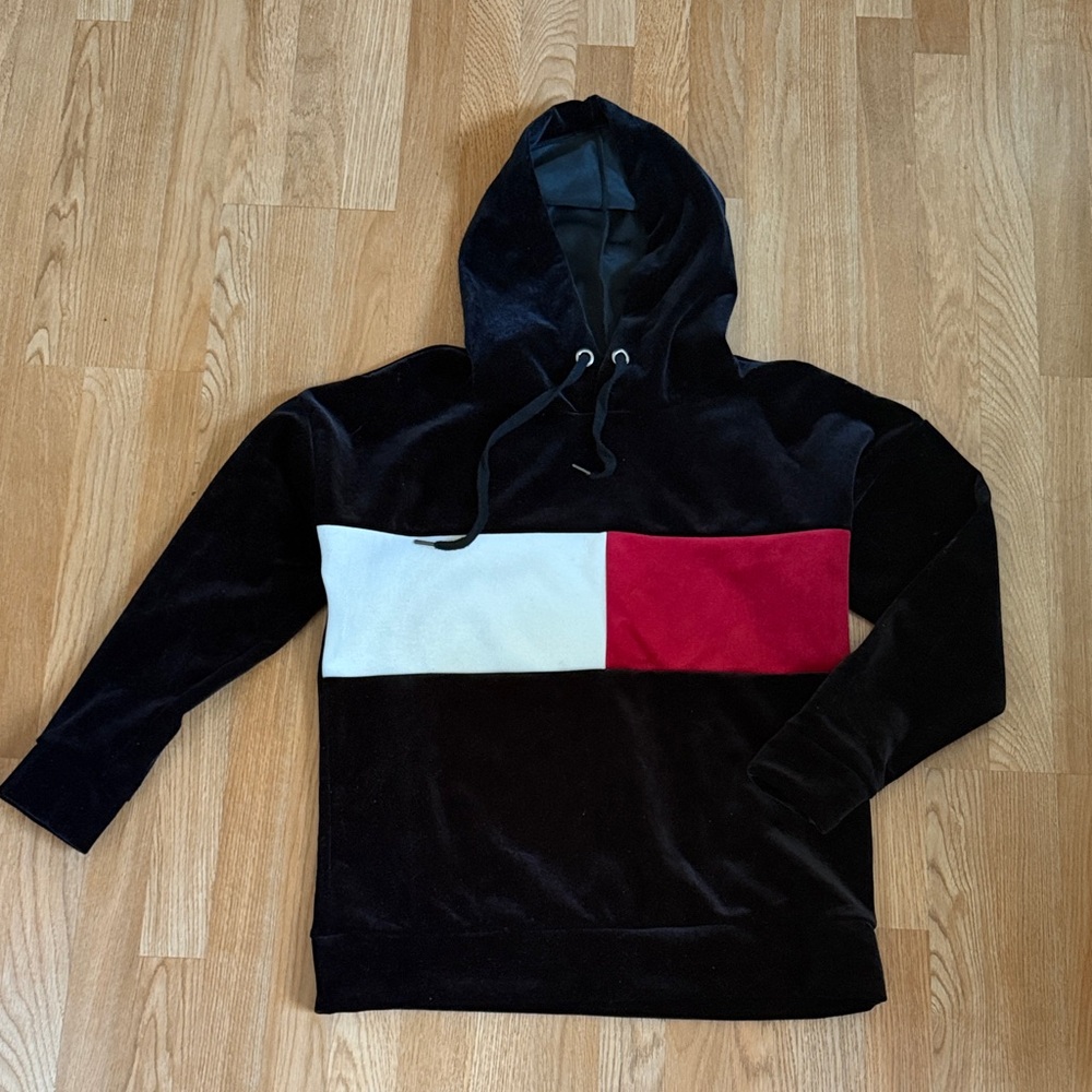 Black Colorblock Hoodie with White and Red Panels - Women's Pullover